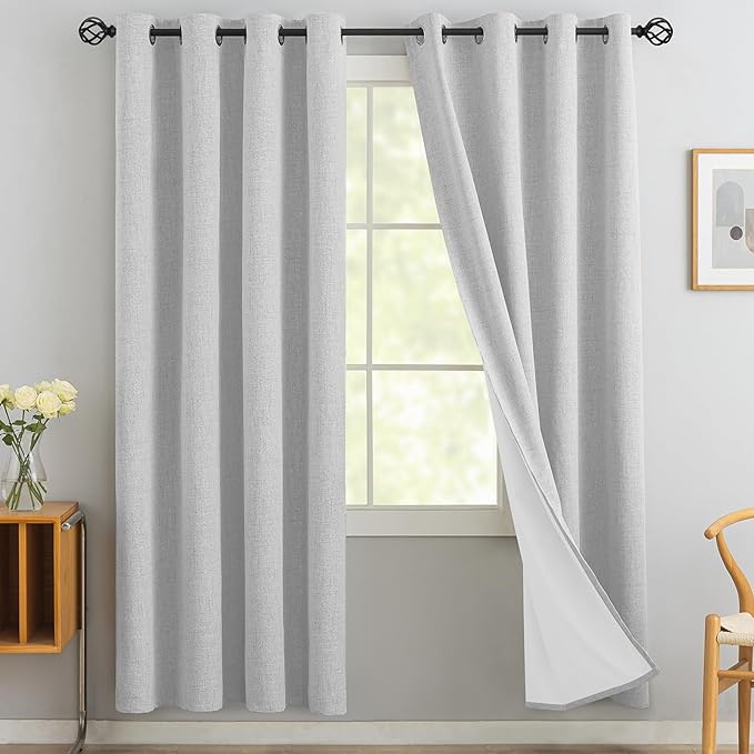 Yakamok White Linen Curtains 100% Blackout 72 Inches Long,Room Darkening Textured Drapes for Living Room Thermal Grommet Bedroom Curtains 2 Panels with Greyish White Liner