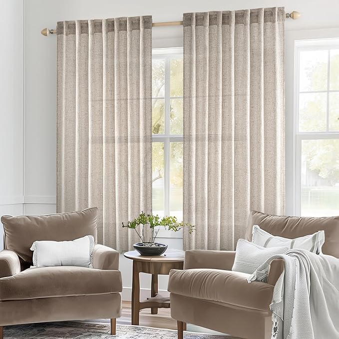MIULEE Natural Linen Curtains 45 Inch Length 2 Panels for Bedroom Living Room, Soft Linen Textured Window Drapes Semi Sheer Light Filtering Back Tab Rod Pocket Farmhouse Modern Burlap Look Decor