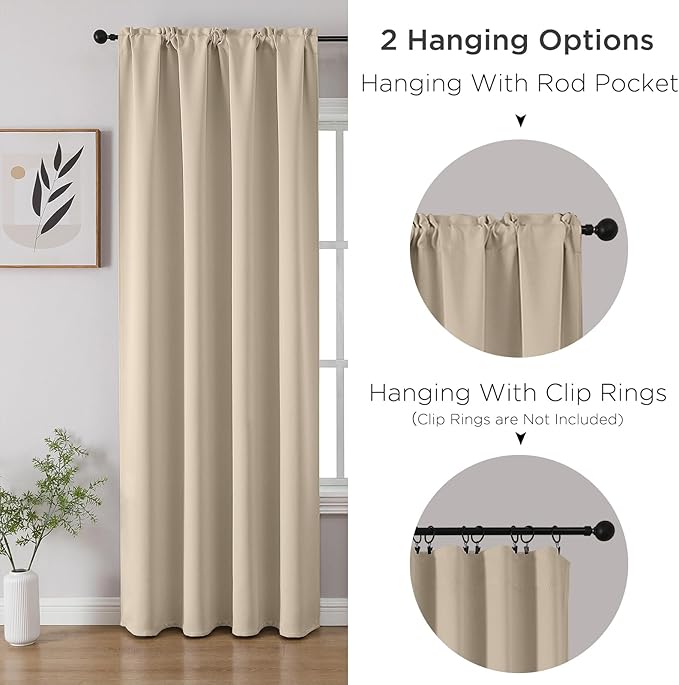 CUCRAF Light Beige Blackout Curtains 72 inch Length 2 Panels Set, Rod Pocket Room Darkening Drapes for Bedroom Living Room, Insulated Thermal Light Blocking Window Curtain (W52 x L72 Inch)