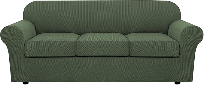 H.VERSAILTEX 4 Piece Stretch Sofa Covers for 3 Cushion Couch Covers for Living Room Furniture Slipcovers (Base Cover Plus 3 Seat Cushion Covers) Upgraded Thicker Jacquard Fabric (Sofa, Bronze Green)