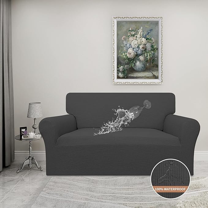 Easy-Going 100% Waterproof Loveseat Couch Cover, Dual Waterproof Sofa Cover, Stretch Jacquard Sofa Slipcover, Leakproof Furniture Protector for Kids, Pets, Dog and Cat (Loveseat, Dark Gray)