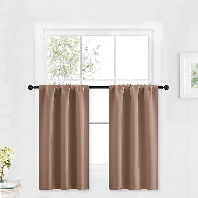 RYB HOME Kitchen Blackout Curtains Over Sink 36 inch Length, Rod Pocket Summer Light UV Blocking Energy Efficient, Cabinet Shelf Cupboard Coverings, Width 29 by Length 36, Mocha, 2 Panels