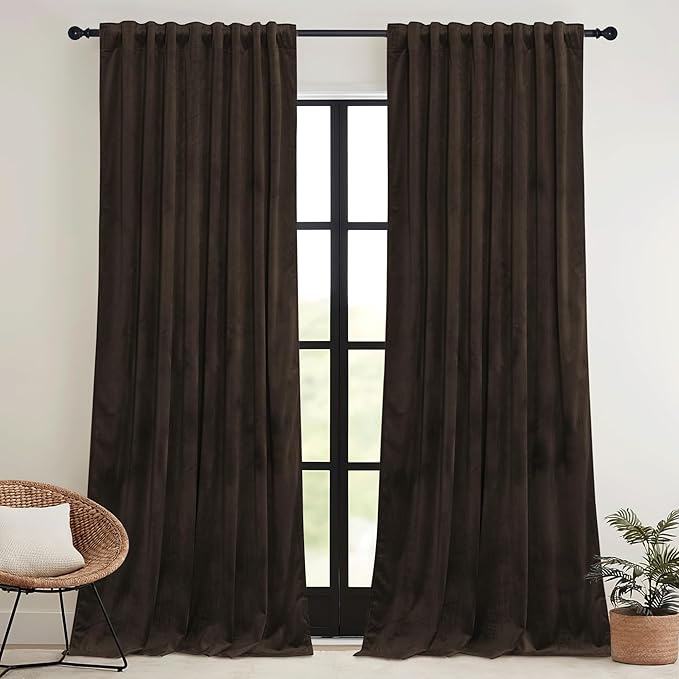 RYB HOME Brown Blackout Curtains 84 inches Long Velvet, Room Darkening Thermal Insulated Drapes with Hook Belt for Bedroom Home Theater, W 52 x L 84 inches, 2 Panels Set