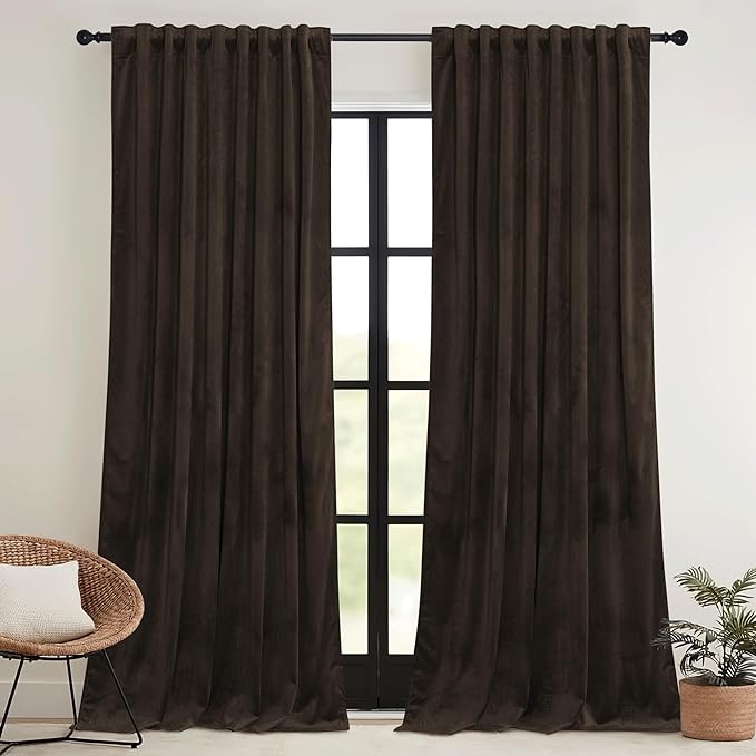 RYB HOME Brown Velvet Curtains 72 inches with Hook Belt, Soft Fabric Room Darkening Thermal Insulated Luxurious Home Decor Curtains for Living Room Bedroom, W 52" x L 72", 2 Panels Set