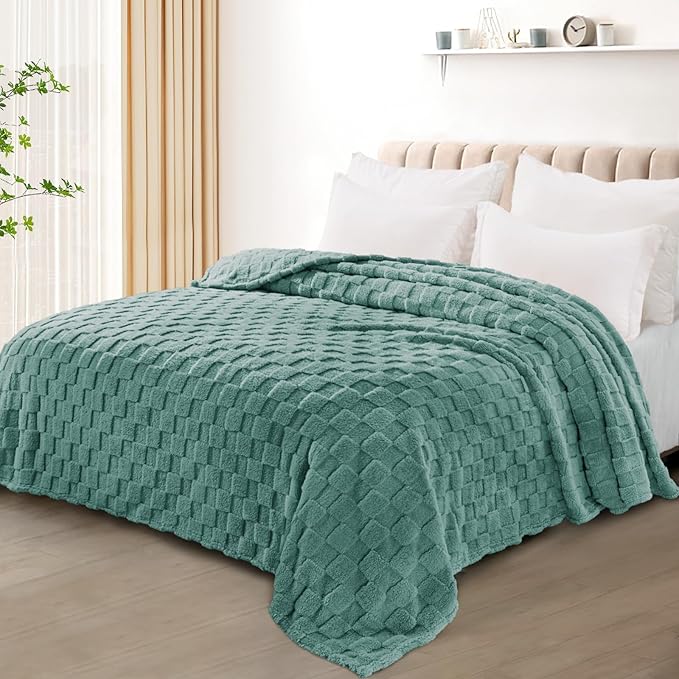 Exclusivo Mezcla Queen Size Flannel Fleece Blanket, Super Soft and Warm Lightweight Checkered Pattern Blankets for All Seasons, 90x90 Inches, Celadon