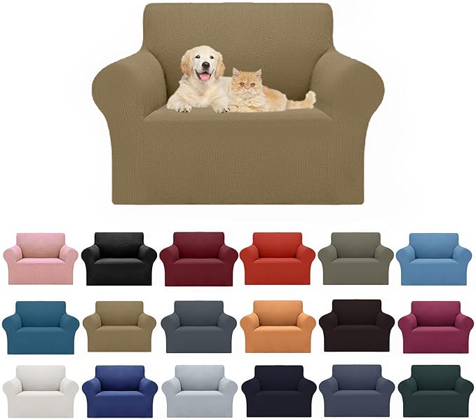 Cupuamon 2026 New Stretch Chair Sofa Slipcovers Couch Cover for 1 Seater Furniture Protector Sofa Covers with Elastic Bottom Jacquard Fabric Small Checks for Pets, Kids - Tan