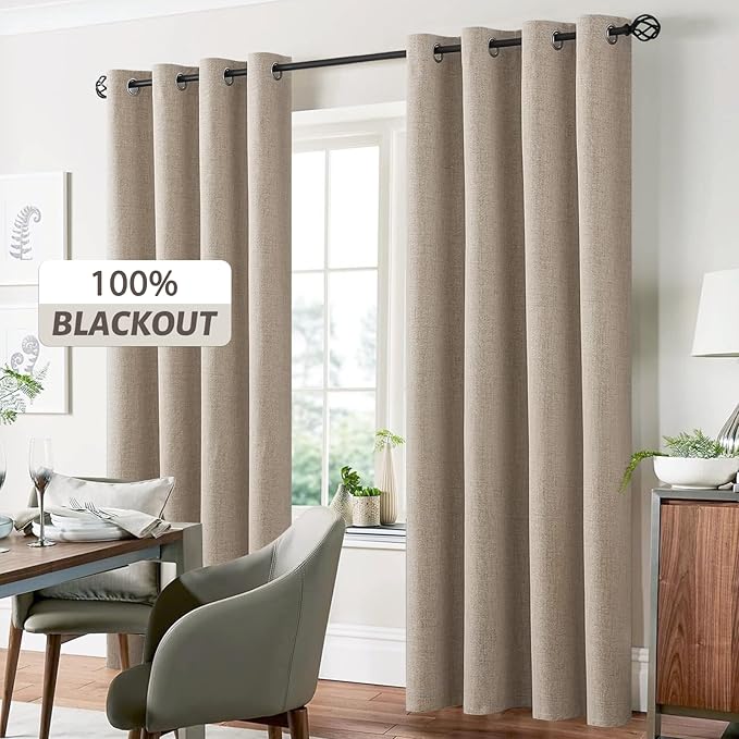 Yakamok Natural Linen Curtains 100% Blackout 90 Inches Long,Room Darkening Textured Curtains for Living Room Thermal Grommet Bedroom Curtains 2 Panels with Greyish White Liner