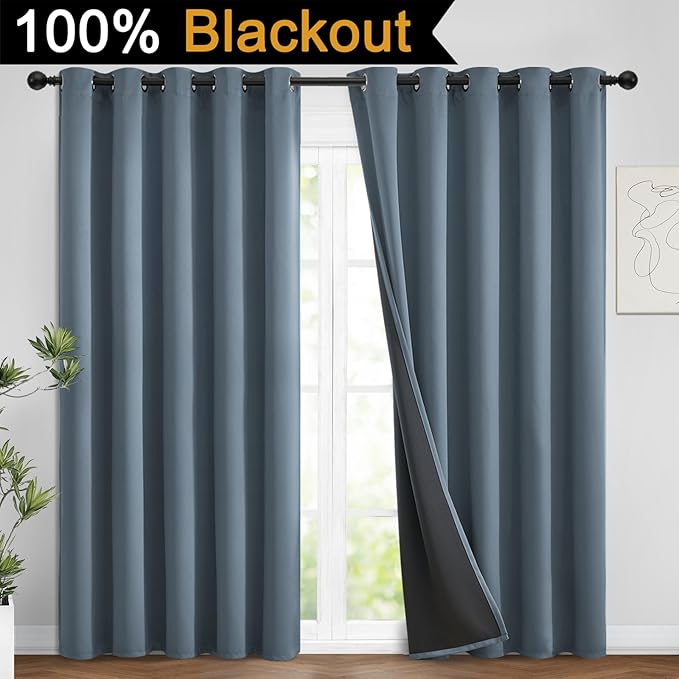 Yakamok 100% Blackout Lined Panels, Room Darkening Thermal Insulated Blackout Curtains for Bedroom, Heat Blocking Drapes for Living Room(62Wx84L, Stone Blue, 2 Panels)