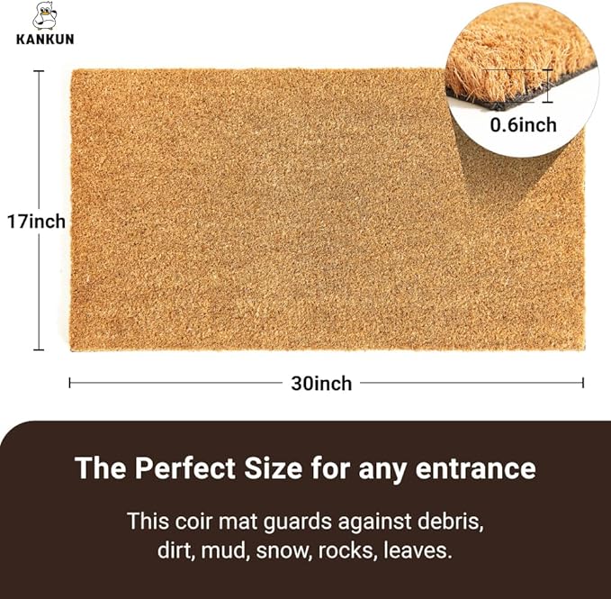 KANKUN Coco Coir Door Mat with Heavy Duty Backing, Welcome Doormat (17" x 30"), Doormat Entrance (Plain - 1Pack)
