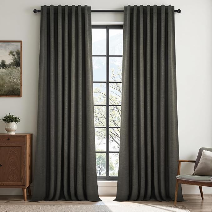 Grey Linen Black Out Curtains 96 Inches Long 2 Panels Set for Sliding Glass Doors Modern Cottage Room Darkening Pleat Dark Gray Aesthetic Drapes Soundproof Privacy 8 FT Window Curtain for Office Burg