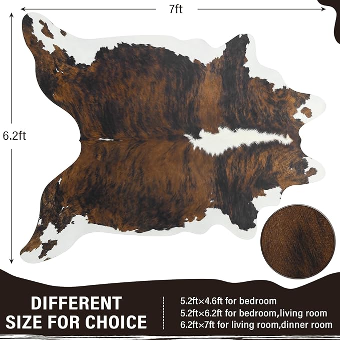 AROGAN Western Decor Faux Fur Cowhide Rug, 6.2x7 Feet Premium Animal Skin Cow Hide Rug, Sturdy Cow Print Rugs for Wall Decor, Western Floor Carpet for Bedroom Living Room, Black and Brown