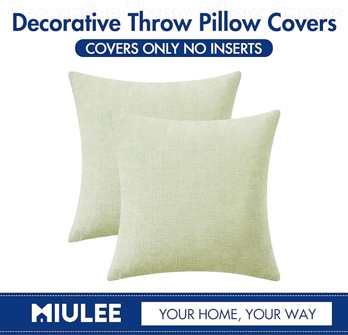 MIULEE Pack of 2 Spring Light Green Couch Throw Pillow Covers 20x20 Inch Soft Chenille Pillow Covers for Sofa Living Room Solid Dyed Pillow Cases