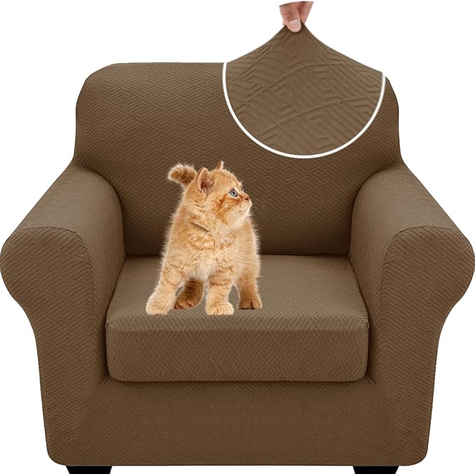 XINEAGE New 2 Pieces Chair Covers with Arms Super Stretch Chair Slipcover for Living Room Pet Dog Universal Slip Cover Anti Slip Armchair Furniture Protector (Brown), 31"-46"(1 Cushion)