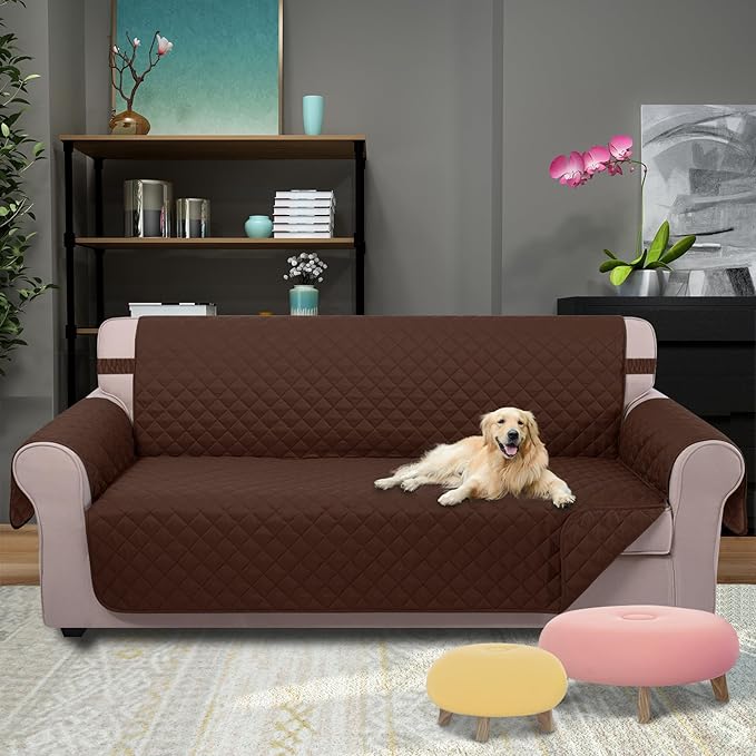 U-NICE HOME 4 Seater Sofa Cover 91 Inch Large Couch Covers for 4 Cushion Couch with Elastic Straps Water Resistant Furniture Protector Cover for Pets Cat (Sofa XX-Large, Brown/Brown)
