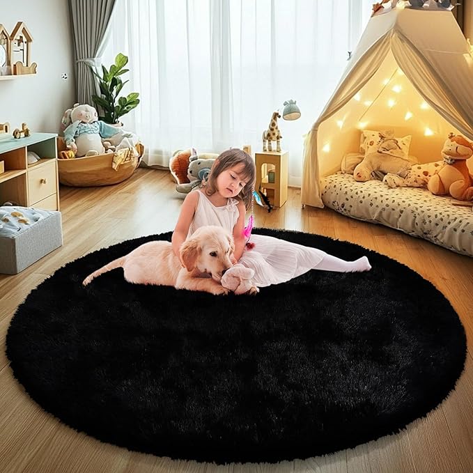 yulidayang Black Fluffy Round Area Rugs for Bedroom,5'X5'Shag Circle Area Rugs for Living Room,Non Slip Fuzzy Plush Rug for Kids Room Boys Girls Room and Dorm Home Decor Rug