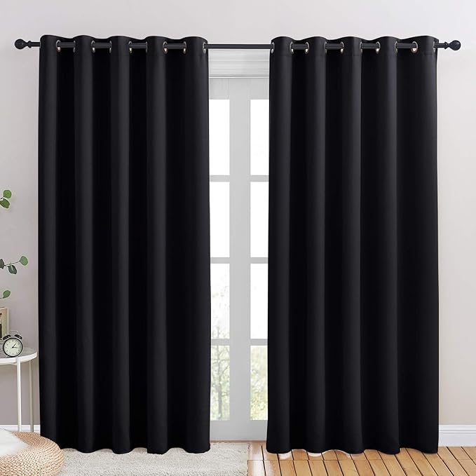 NICETOWN Blackout Draperies Window Curtain Panels, Autumn/Winter Thermal Insulated Solid Grommet Blackout Curtains/Drapes for Cafe (Set of 2, 70 inches by 84 inches, Black)