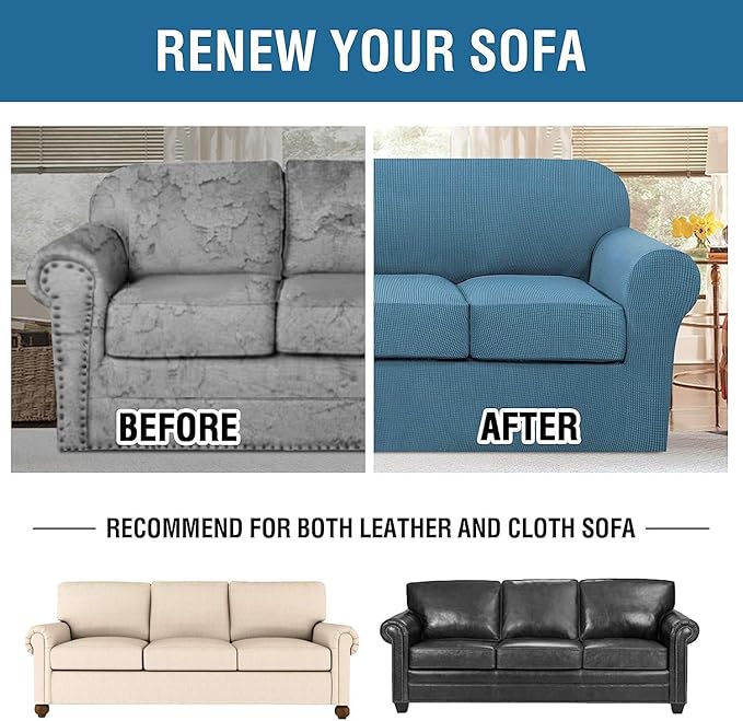 H.VERSAILTEX 4 Piece Stretch Sofa Covers for 3 Cushion Couch Covers for Living Room Furniture Slipcovers (Base Cover Plus 3 Seat Cushion Covers) Thicker Jacquard Fabric (Large Sofa, Dusty Blue)