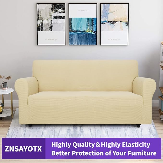 ZNSAYOTX Super Stretch Couch Cover (72"-92") Universal Sofa Covers with Elastic Bottom, Dog Cat Pets Friendly Washable Furniture Protector Fitted Sofa Slipcovers Stay in Place (Beige, Sofa)