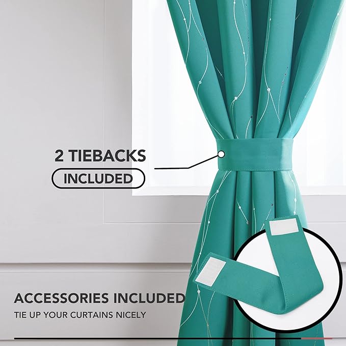 Deconovo Blackout Curtains for Bedroom, Thermal Insulated Soundproof Drapes with Wave Dot Foil Print, 42 x 84 Inch Long, Set of 2, Machine Washable Window Curtain for Living Room Office, Turquoise
