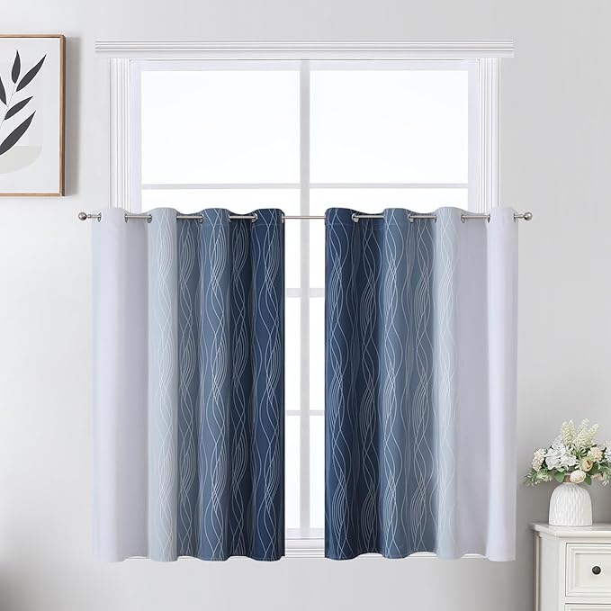 Estelar Textiler Navy Blue and Greyish White Ombre Short Blackout Cafe Curtains 36 Inch Length, Thermal Insulated Grommet Small Half Window Drapes for Kitchen/Basement/RV Camper, 52Wx36L, 2 Panels