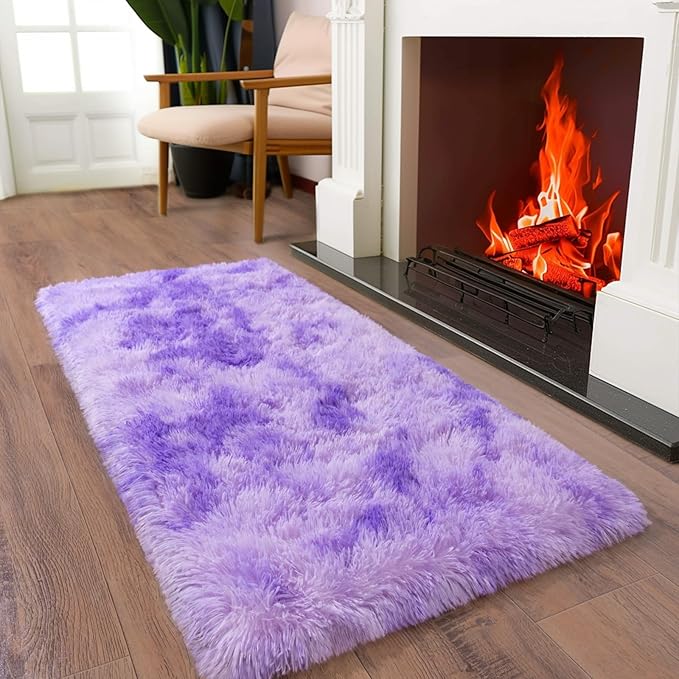 Soft Runner Rugs for Bedroom Hallways, 2x4 Tie-Dyed Purple Fluffy Shag Throw Area Rug Non Slip for Bedside Dorm, Long Shaggy Furry Carpet for Nursery Living Room