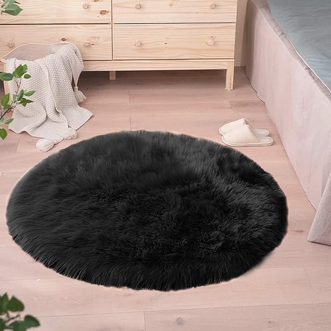 Goolela Black Round Rug 3ft Fluffy Fuzzy Sheepskin Rug Black Circle Faux Fur Rug for Bedroom Living Room Washable Décor