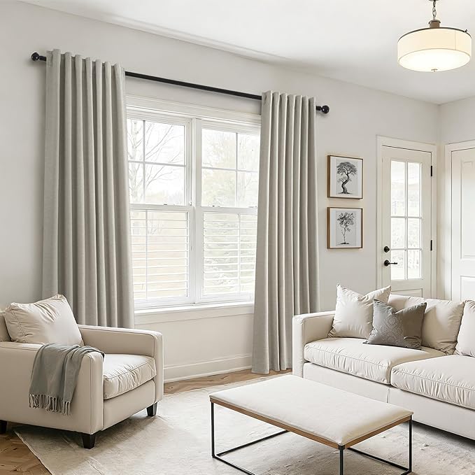 Flax Grey Blackout Curtains 95 Inch Length 2 Panels for Dining Room Darkening Curtain for Bedroom Linen Textured 100% Black Out Sunblock Light Blocking Long Drapes for Living Room Patio Door Back Tab