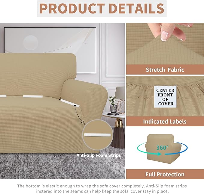 Easy-Going 100% Waterproof Loveseat Couch Cover, Dual Waterproof Sofa Cover, Stretch Jacquard Sofa Slipcover, Leakproof Furniture Protector for Kids, Pets, Dog and Cat (Loveseat, Sand)