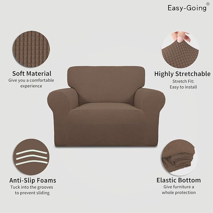 Easy-Going Stretch Oversized Chair Sofa Slipcover 1-Piece Couch Sofa Cover Furniture Protector Soft with Elastic Bottom for Kids Spandex Jacquard Fabric Small Checks Brown