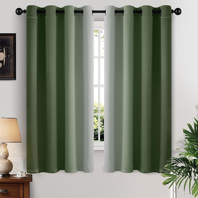 Yakamok Greyish White and Sage Green Ombre Curtains,Light Blocking Curtains,Room Darkening Grommet Window Drapes for Bedroom(Sage Green,52x63 Inch,2 Panels)
