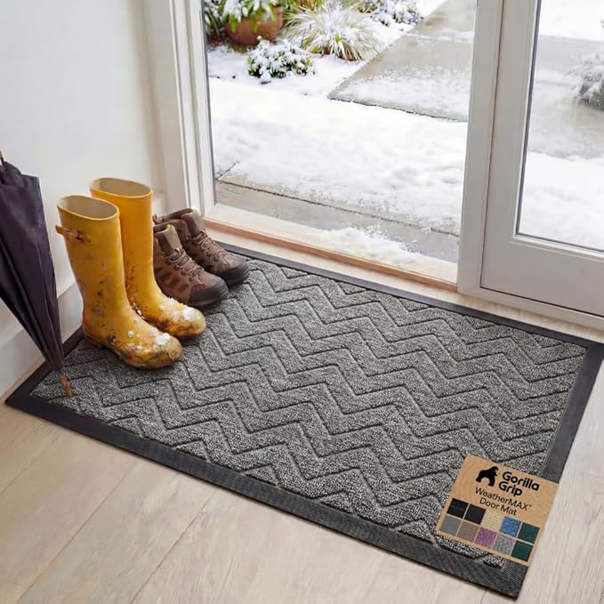 GORILLA GRIP 100% Waterproof All-Season WeatherMAX Doormat, 34x58, US Designed Natural Rubber, Stain and Fade Resistant, Low Profile Indoor Outdoor Door Mats, Easy Clean Patio Mat, Steel Chevron