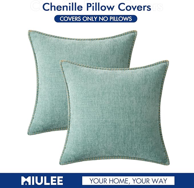 MIULEE Pack of 2 Couch Throw Pillow Covers Farmhouse Decorative Pillow Covers with Stitched Edge Soft Chenille Solid Dyed Pillow Covers for Sofa Bed Living Room 20x20 Inch Aqua Blue