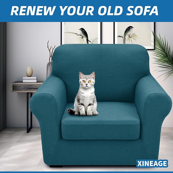 XINEAGE New 2 Pieces Chair Covers with Arms Super Stretch Chair Slipcover for Living Room Pet Dog Universal Slip Cover Anti Slip Armchair Furniture Protector (Peacock Blue), 31"-46"(1 Cushion)