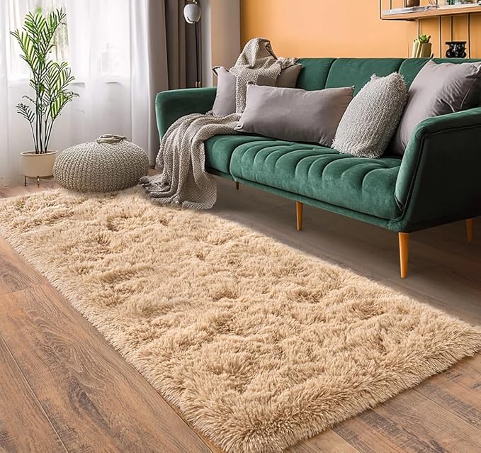 Pionblank Fluffy Runner Rugs for Bedroom 2x6, Modern Shaggy Area Rug for Hallway Living Room, Plush Soft Fuzzy Bedside Carpet for Kids Girls Boys Room Nursery Decor, Camel