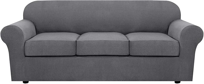 H.VERSAILTEX 4 Piece Stretch Sofa Covers for 3 Cushion Couch Covers for Living Room Furniture Slipcovers (Base Cover Plus 3 Seat Cushion Covers) Upgraded Thicker Jacquard Fabric (Sofa, Grey)
