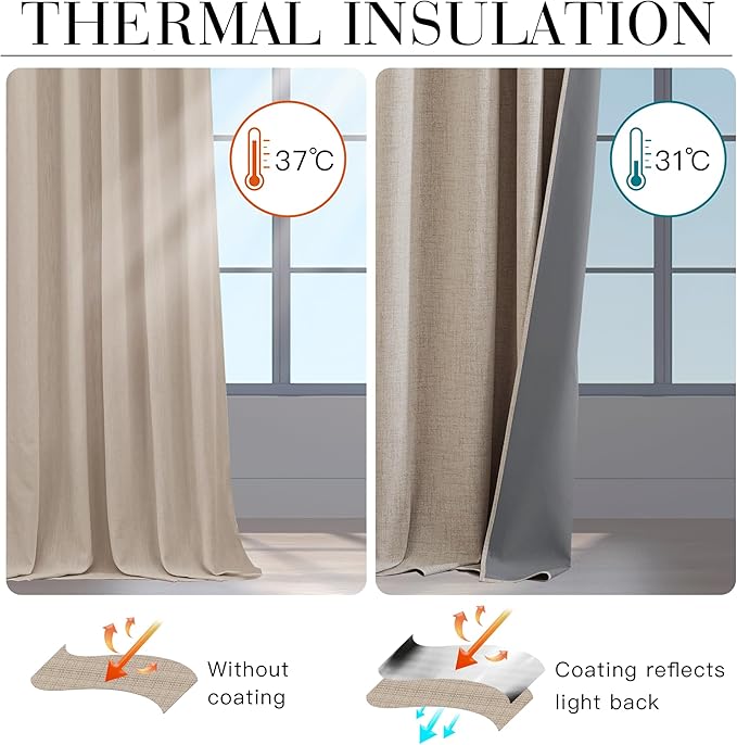RYB HOME Natural Beige 100% Blackout Curtains 63 inch Long, Light Blacking & Thermal Insulated Curtains for Nursery/Bedroom/Kids'Room, Back Tab & Rod Pocket Window Treatment, W52 x L63, 2 Panels
