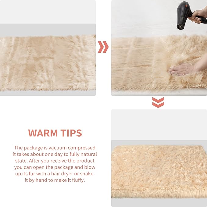 Ciicool Beige Fluffy Round Fur Area Rug for Circle Faux Fur Rugs for Kids Room, Cute Fuzzy Nursery Rug, Shaggy Circular Rugs Floor Carpets for Teens Girls Rooms Home Decor, 4 x 4 Feet