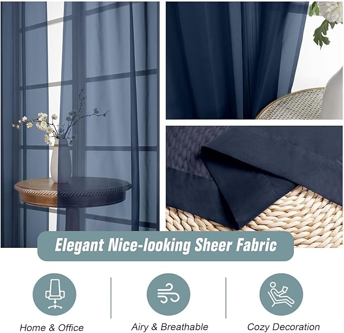 Navy Blue Window Sheer Curtains 54 inch Length, Soft Airy Light Filtering Sheer Curtain 2 Panels Set, Dual Rod Pocket Gauze Drapes for Living Room Bedroom, 2x42Wx54L Inches