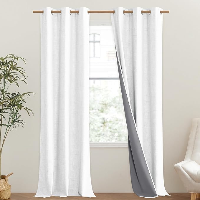NICETOWN 100% Absolutely Blackout Linen Curtains with Thermal Insulated Liner, Greyish White, 52" Wide, 102" Length Energy Saving Curtains for Living Room 2 Panels Set, Vertical Blinds