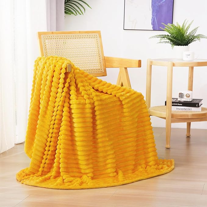 Gold Fleece Throw Blanket 90”×90” for Couch Sofa Bed,Super Soft Cozy Plush Microfiber Flannel Blanket with Stripes Design Lightweight for Adults,Woman,Girls