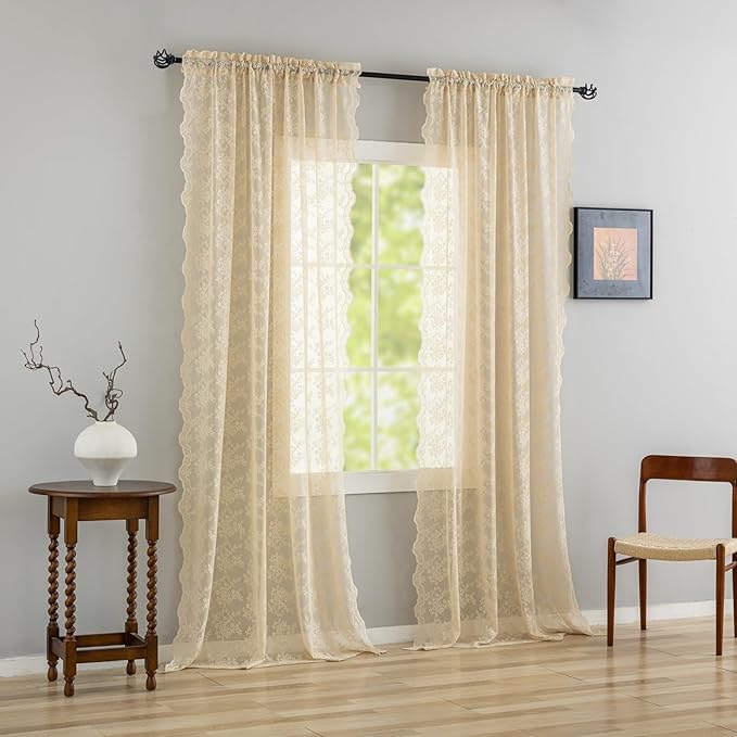 YJ YANJUN Vintage Lace Curtains 72 Inches Long-Victorian Flower Beige Voile Sheer Curtains for Dining Room Bathroom Bay Window Privacy Boho French Country Farmhouse Room Decor 2 Panels 52x72