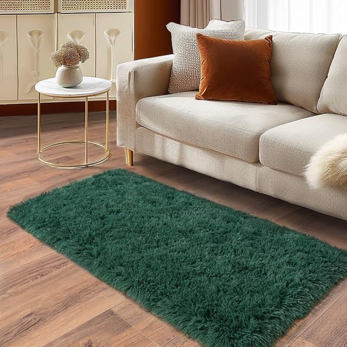 Soft Runner Rugs for Bedroom Hallways New Upgraded Non-Slip Bottom, 2x4 Green Fluffy Shag Throw Area Rug for Bedside Dorm, Long Shaggy Furry Carpet for Nursery Living Room