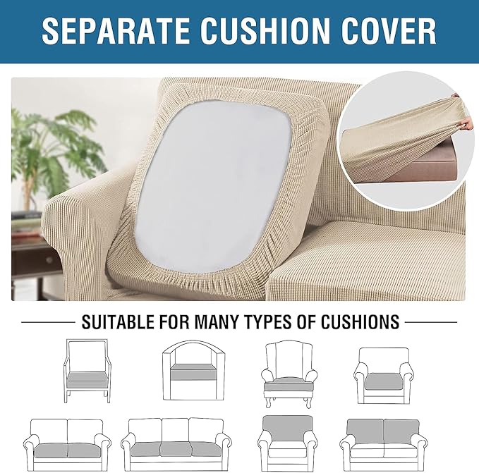 4 Piece Stretch Sofa Covers for 3 Cushion Couch Covers Furniture Slipcovers for Living Room (1 Base Cover Plus 3 Seat Cushion Covers) Thicker Jacquard Fabric Cover (XL Sofa, Natural)