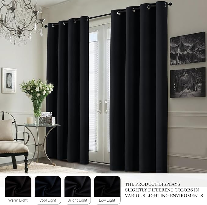 Yakamok 100% Blackout Curtain Panels 63 inches Cold and Light Blocking Drapes for Nursery, 2 Thick Layers Thermal Insulated Draperies (2 Pieces, 50 Wide Each Panel, Black/White Backing)