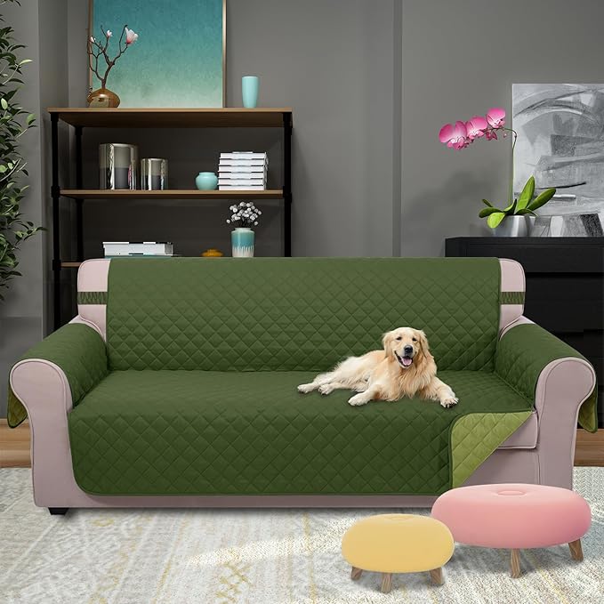 U-NICE HOME Reversible Sofa Cover Couch Cover for Dogs with Elastic Straps Water Resistant Furniture Protector for Pets Couch Cover for 3 Cushion Couch (Sofa, Huntergreen/Sage)