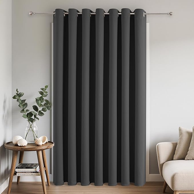 Joydeco Blackout Patio Sliding Door Curtains 108 Inches Long, Grommet Privacy Room Divider Curtains, Extra Wide Thermal Blackout Drapes for Bedroom Living Room (Grey, 100Wx108L, 1 Panel)