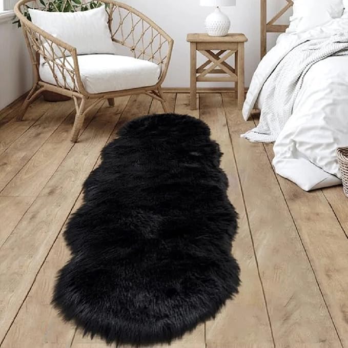 Goolela Black Fluffy Runner Rug 2x6 for Bedroom Faux Sheepksin Fur Fuzzy Furry Bedside Rug Shaggy Plush Soft Sheepskin