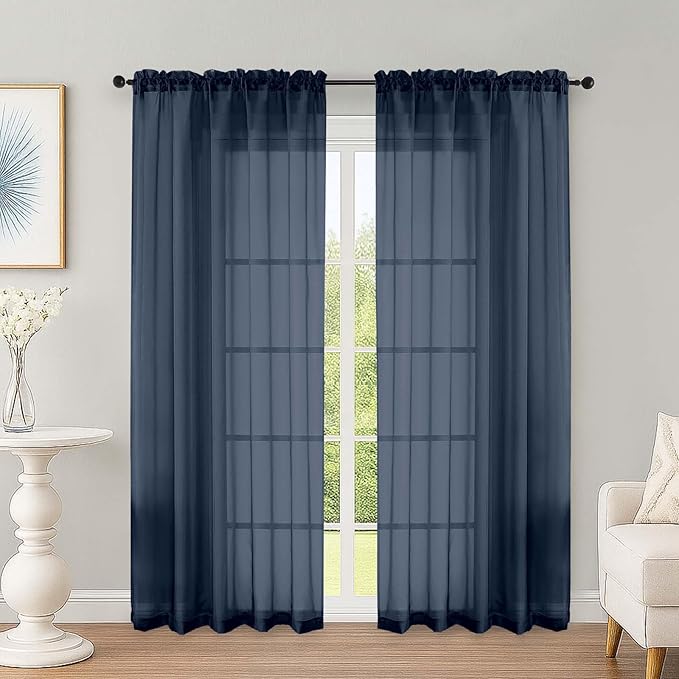 OWENIE Navy Blue Sheer Curtains 72 Inches Long 2 Panels Set, Transparent Voile Sheer Curtain for Living Room Bedroom Window Sliding Glass Door Treatment, 59 x 72 Inch, Navy Blue
