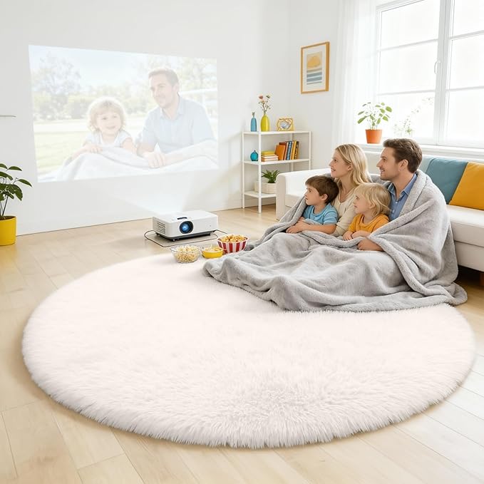 OLANLY Ivory Round Rugs for Bedroom - Machine Washable, 8 ft Circle Area Rugs for Living Room, Soft and Fluffy Shaggy Carpet for Teen Girls and Boys, Nursery Rooms, Dorms, Home Decor Aesthetic