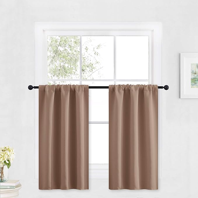 RYB HOME Blackout Cafe Curtains 30 inch Length, Short Light UV Heat Blocking Energy Saving Privacy Curtain Tiers for Basement Bathroom Kitchen Window, Width 29 by Length 30, Mocha, 2 Panels